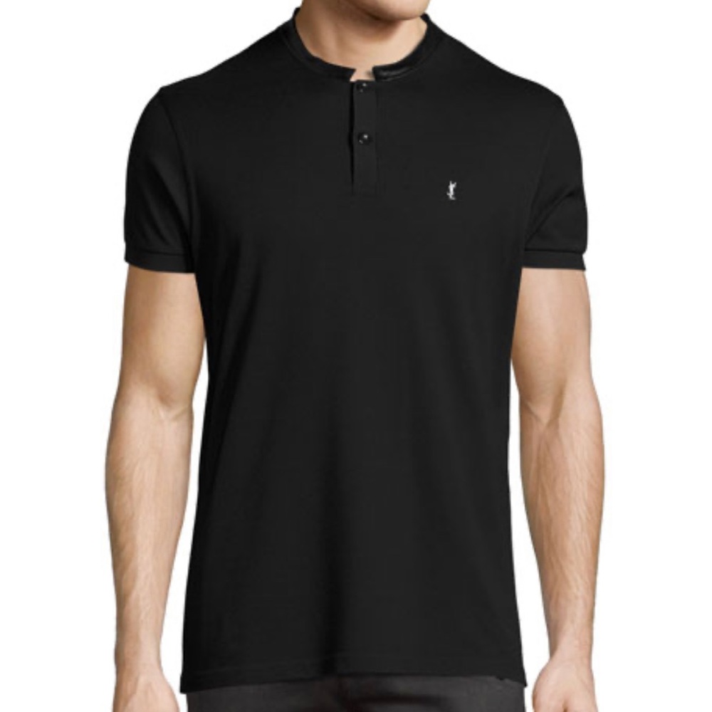 Saint Laurent Short Sleeve Leather Collar Polo. Color: Black. Size: L